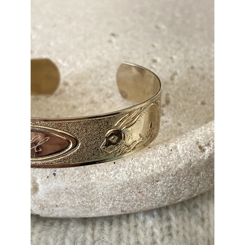 Vintage Children's Cuff Bracelet Gold Tone Jill Name Embossed Animals